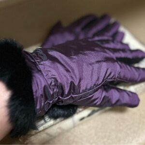 Purple Satin Gloves with Black Fur Trim